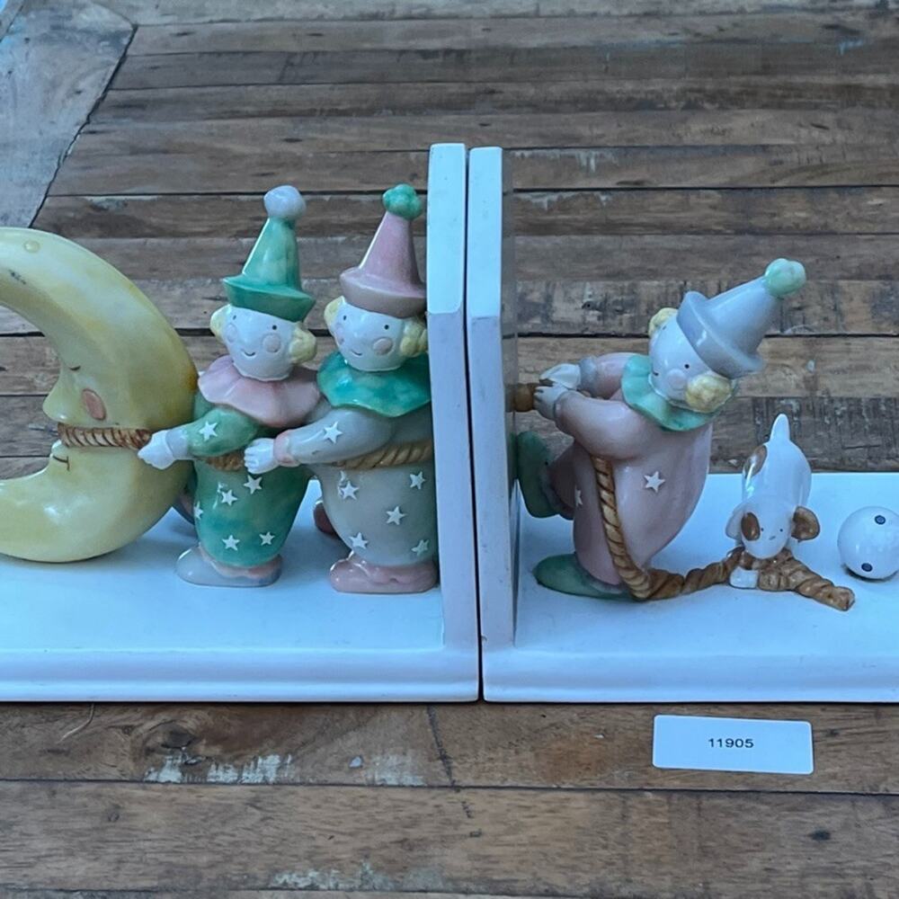Charpente by Kathy Orr Baby Nursery Porcelain Bookends 7" Clowns & Moon